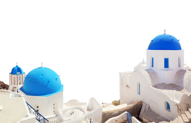 Picturesque Santorini Island with Blue-Domed Churches. Cut-out sky