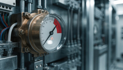 Fototapeta premium Industrial pressure gauge metallic boiler panel showing ai energy efficiency and safety