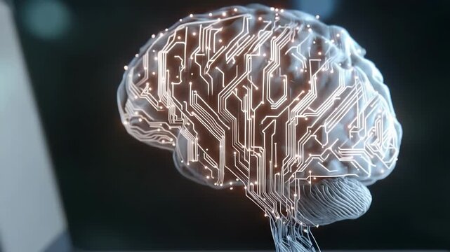 Futuristic brain visualization with glowing neural network and circuit-like lines; blue-white luminescence suggests AI, data science, and digital cognition