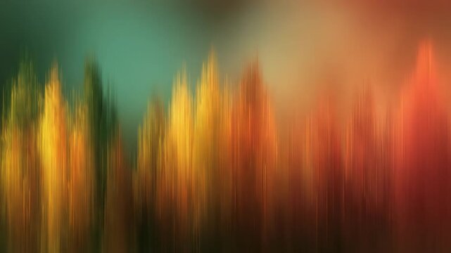 Abstract vertical color streaks suggest autumn forest, with blurred, slender lines in warm yellows, oranges and reds blending into greens and blues; dreamy, painterly mood