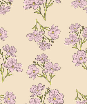 Seamless floral pattern featuring vibrant pink cosmos flowers and green leaves on a soft cream background.