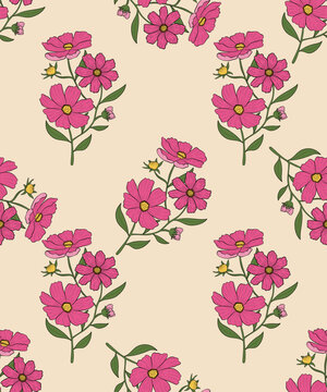 Seamless floral pattern featuring vibrant pink cosmos flowers and green leaves on a soft cream background.