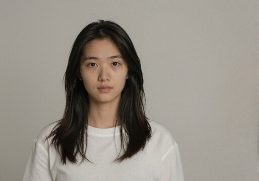 Portrait de jeune femme asiatique, visage neutre, beaut&eacute; naturelle, photographie en studio

