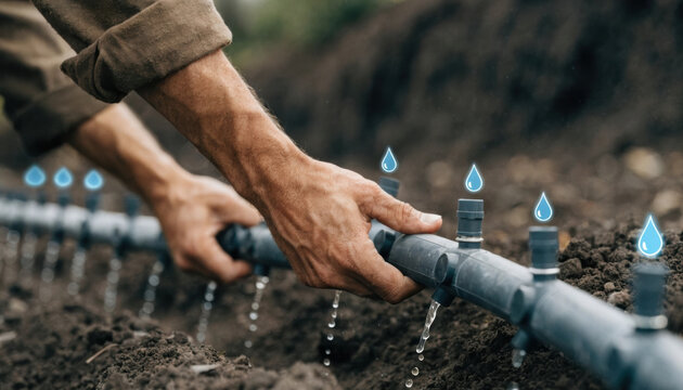 Smart sustainable irrigation setup vegetable field showing hands adjusting drip line and water