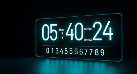 Obraz premium Glowing digital timer display with countdown numbers on screen showing hours minutes seconds