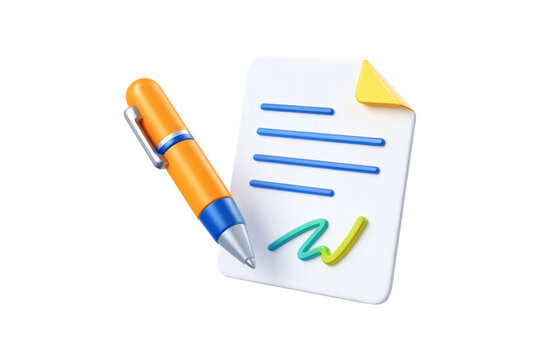 3D Rendering Icon of a Document with an Orange Pen and Signature. Concept of Legal Agreement, Signed Contract, Business Approval, Formal Document, and Successful Deal.