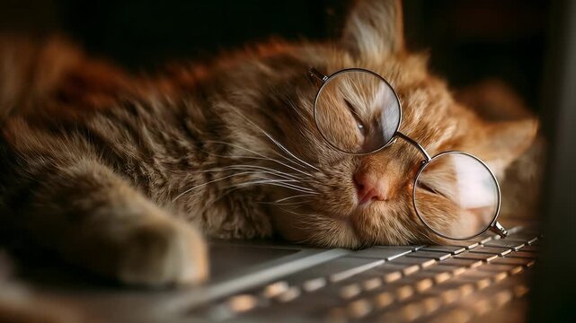 Sleeping cat wearing round glasses rests on a keyboard in a cozy home office scene; warm light and soft focus create a cute, whimsical still-life