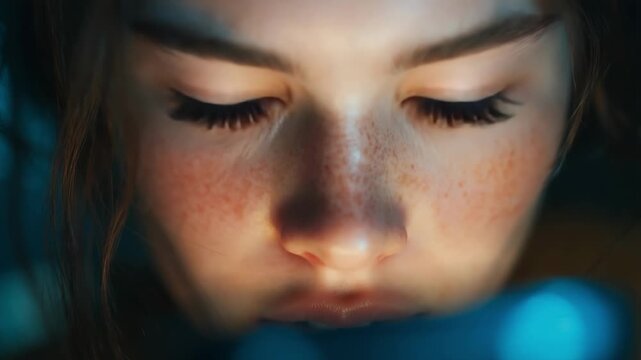 Close-up portrait of a freckled face with bright blue eyes; shallow depth of field with soft, natural lighting highlighting skin texture and expression