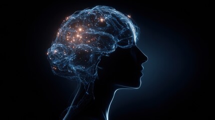 Fototapeta premium Silhouette of a Human Brain Filled With Glowing Data Nodes Showcasing Thoughts and Ideas in a Dark Space With Subtle Lighting