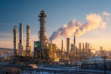 Fototapeta premium Golden hour lighting on a vast oil refinery complex with tall distillation towers and network of pipelines