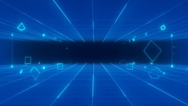 Neon grid corridor glowing blue geometric perspective lines and floating shapes creating futuristic abstract digital atmosphere with wireframe floor ceiling and energetic depth
