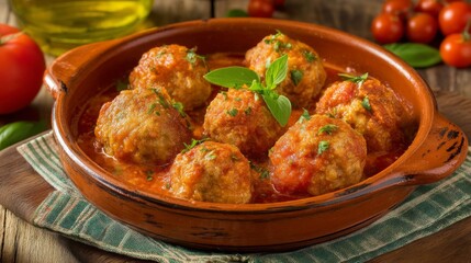 Fototapeta premium Delicious Meatballs in Tomato Sauce Garnished with Fresh Basil and Cherry Tomatoes Served in a Rustic Clay Casserole on a Wooden Table