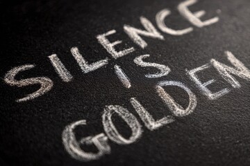 Fototapeta premium Handwritten chalkboard message: 'SILENCE IS GOLDEN' in elegant white script