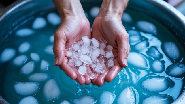 Hands holding crushed ice above a container filled with ice cubes and water.