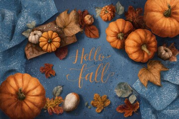 Fototapeta premium Hello Fall pumpkins and autumn leaves on a blue backdrop - warm, cozy illustration