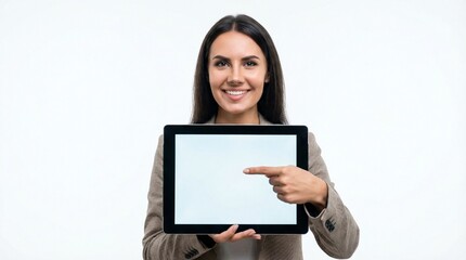 Fototapeta premium Smiling Professional Woman Pointing at Blank Digital Tablet Screen