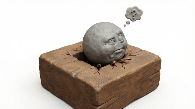 Humorous 3D Illustration of Round Stone in Square Hole
