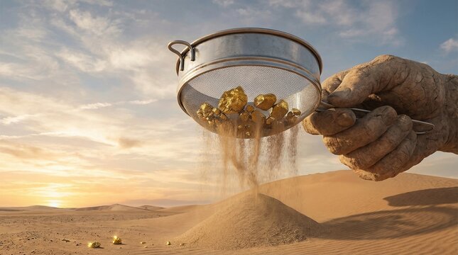 Giant Hand Sifting Desert Sand to Find Gold Nuggets Concept