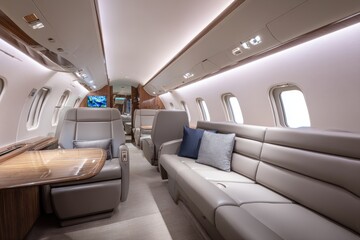 Fototapeta premium Interior view of a modern business jet cabin with plush seating and panoramic windows
