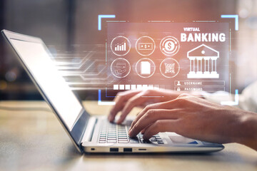 Obraz premium Modern Virtual Banking Concept with Financial Technology Interface and User Entering Credentials on Laptop for Secure Online Transactions Quark.