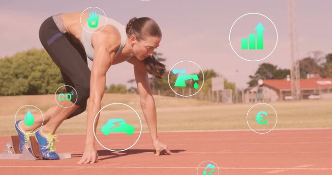 Woman sprinter shifting forward, launching from blocks, HUD icons tracking metrics for fitness