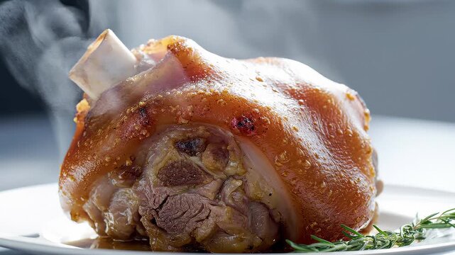 Steaming Roasted Pork Knuckle With Crispy Skin and Rosemary Garnish