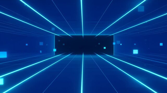Neon blue futuristic tunnel with glowing lines and floating light cubes creating dynamic techno atmosphere and depth perception for digital background abstract technology scene with glowing grid