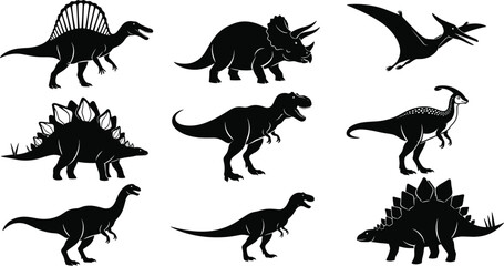 Collection of dinosaur silhouettes featuring Tyrannosaurus Rex, Triceratops, Stegosaurus, Pterodactyl, and Spinosaurus, ideal for prehistoric education, museum graphics, and ancient wildlife  © MdMeherul