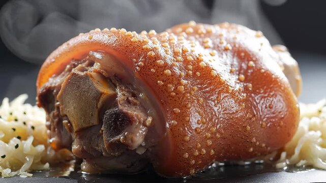 Steaming Hot Roasted Pork Knuckle With Crispy Skin Served With Sauerkraut