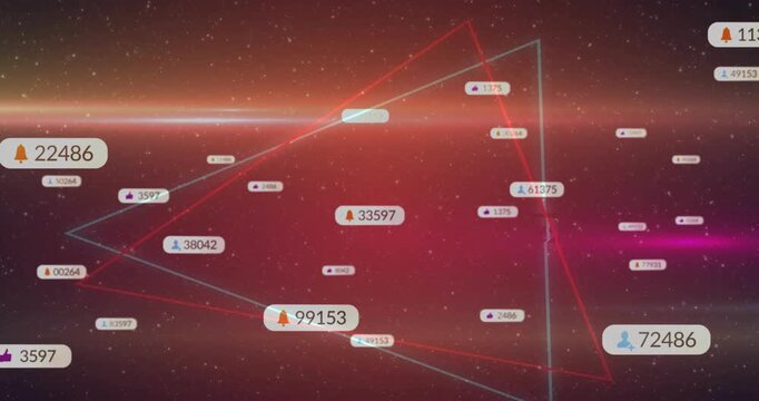 Labels appearing numeric badges drifting across red space triangles tracing lines showing tech data