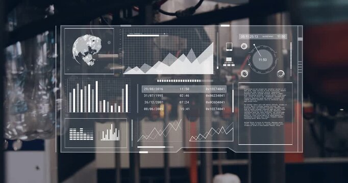 Vertical video: Transparent HUD appearing over plant updating line chart bars gauge for monitoring