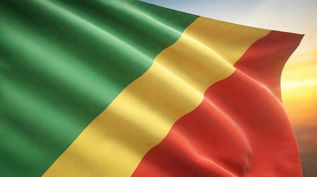 Republic of congo flag waving under golden sunset