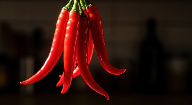A close-up of bright red chili peppers hanging, their taut skins glossy against a dark, contrasting background