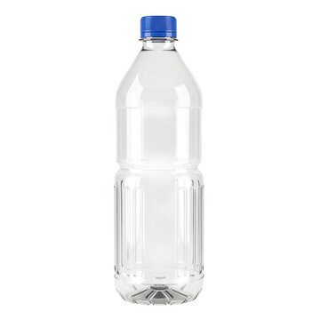 A clear plastic bottle with a blue cap on a white background.