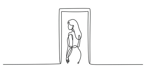 Fototapeta premium Minimalist one line drawing of a woman standing in a doorway looking back over her shoulder area