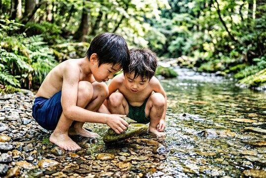 森の中の小川で水遊びをしながら石を観察する上半身裸の幼い男の子2人
