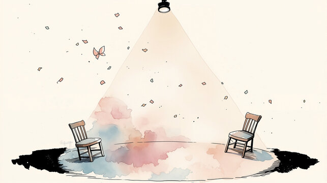 watercolor illustration of two empty wooden chairs under a single spotlight with falling petals, evocative stage or interview