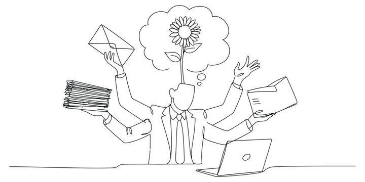 A business person multitasking with many arms while thinking about a blooming flower in a thought
