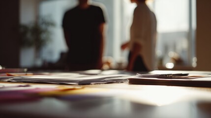 Fototapeta premium Startup Founders Review Contract at a Desk With Documents and Sticky Tabs While Soft Daylight Fills the Room