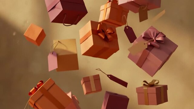 Floating gift boxes and shopping bags falling in warm golden light for holiday sales and retail marketing concepts