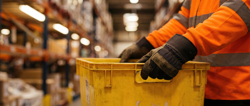 Warehouse worker wearing gloves handling yellow storage crate