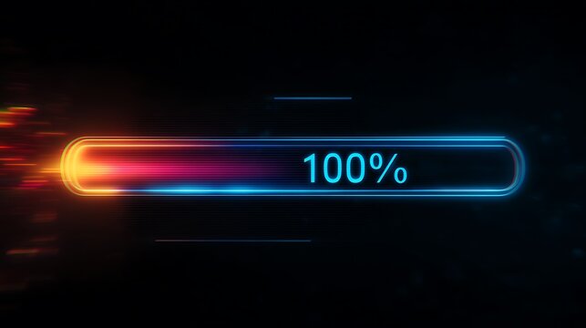 A glowing blue progress bar reaches 100 percent completion with a fiery orange start on a dark background