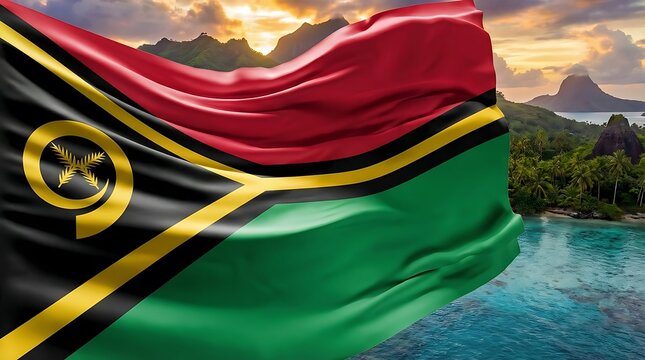 Vanuatu flag waving over tropical island at sunset