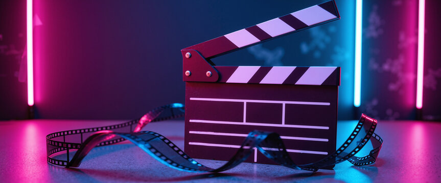 Cinematic Clapperboard with Neon Lights and Film Strip for Movie Production Concepts and Festival Promotions