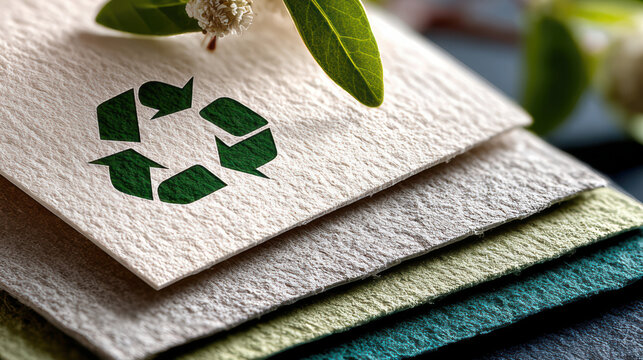 Eco recycle logo closeup on textured paper card for earth day packaging mockup and sustainable branding background for retail product design