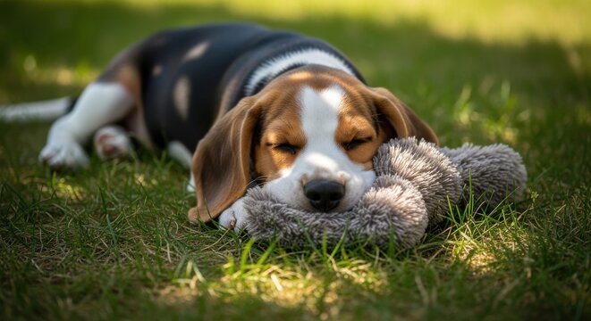 Adorable Beagle Puppy Sleeping Peacefully on Green Grass with its Head Resting on a Plush Toy