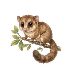 Obraz premium A cute, small, fluffy possum with big dark eyes sits on a tree branch with green leaves.