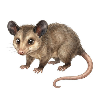 A detailed watercolor illustration of a Virginia Opossum, a small marsupial with pointed ears and a long tail, isolated on a white background.