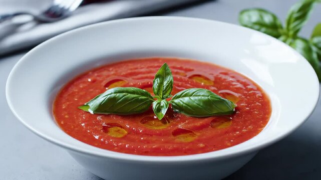 Delicious Tomato Soup With Olive Oil and Basil in White Bowl