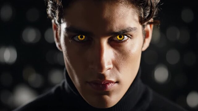 Young man with glowing yellow eyes stares intensely in darkness